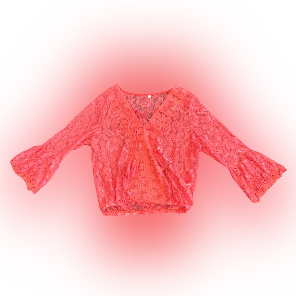 NWOT CORAL FLORAL MESH LONG-SLEEVE BOHO TOP // SIZE SMALL🩷